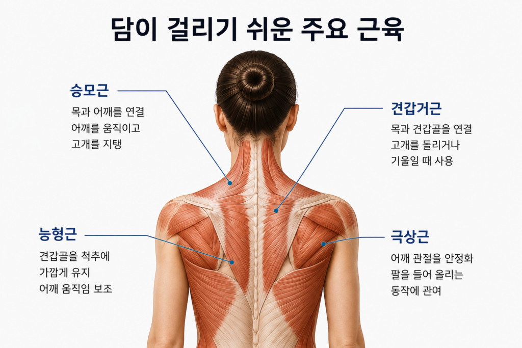 등에 담왔을 때 자주 발생하는 승모근, 견갑거근, 능형근, 극상근의 위치를 나타낸 근육 해부도