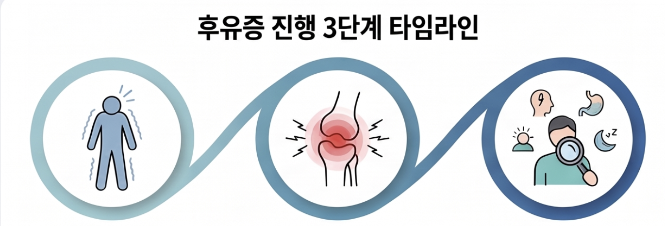 교통사고 후유증 진행 3단계 타임라인 - 사고 직후 긴장, 1~2일 뒤 통증 시작, 이후 전신 증상 관찰